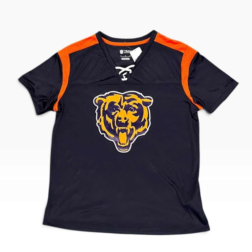NFL Chicago Bears Women's Short Sleeve Lace Up Jersey Shirt in Navy/Orange, L